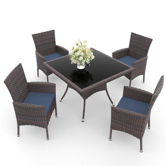 ALAULM 5 -Piece Brown Rattan Patio Dining Set Extendable Table Rattan Rectangle Table with 4 Blue Cushions Stationary Chairs