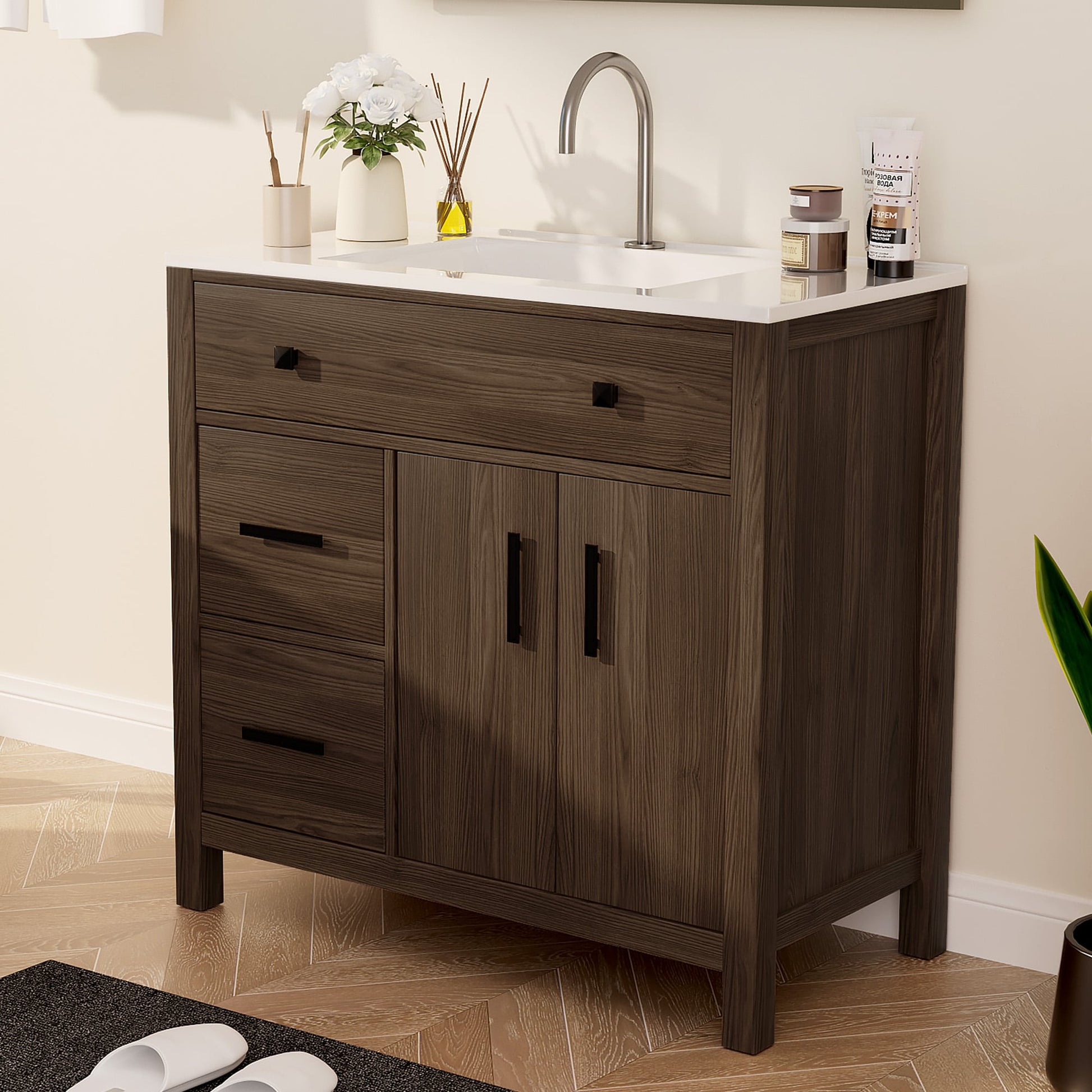 JEAREY Bathroom Vanity 36-in Brown Single Sink Floating Bathroom Vanity with White Polymarble Top