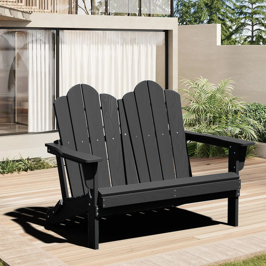JEAREY 2-Seater HDPE Adirondack Chair Black HDPE Frame Stationary Conversation Chair with Slat Seat