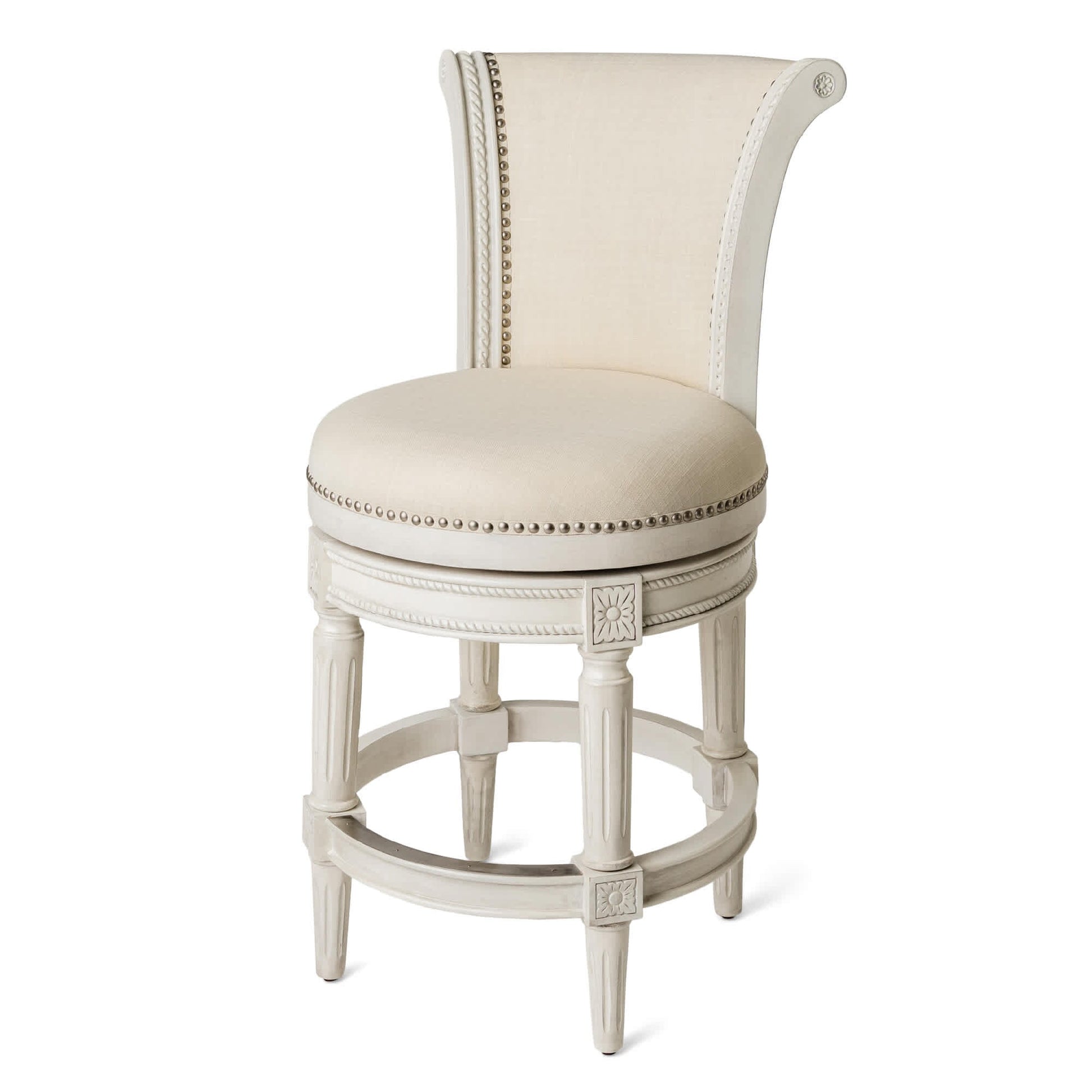 Maven Lane Pullman 26 Inch Tall Counter Height Upholstered Barstool with Back in White Oak Finish with Natural Color Fabric Cushion Seat