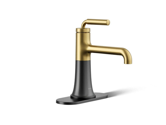 KOHLER Tone Matte Black with Brushed Moderne Brass Single hole 1-handle WaterSense Low-arc Residential Handle Bathroom Sink Faucet with Drain with Deck Plate
