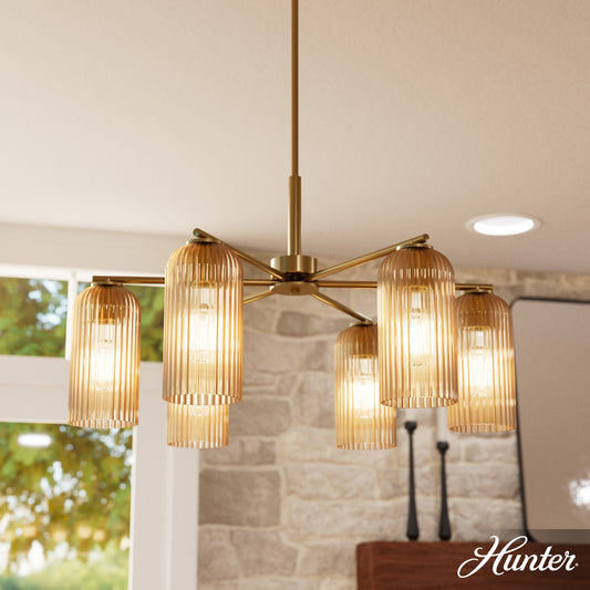 Hunter Jasmine Roth Beverly Glen 6 -Light Satin Gold Glam For Use in Dining Rooms, Foyers, Kitchens, Chandelier 6632170