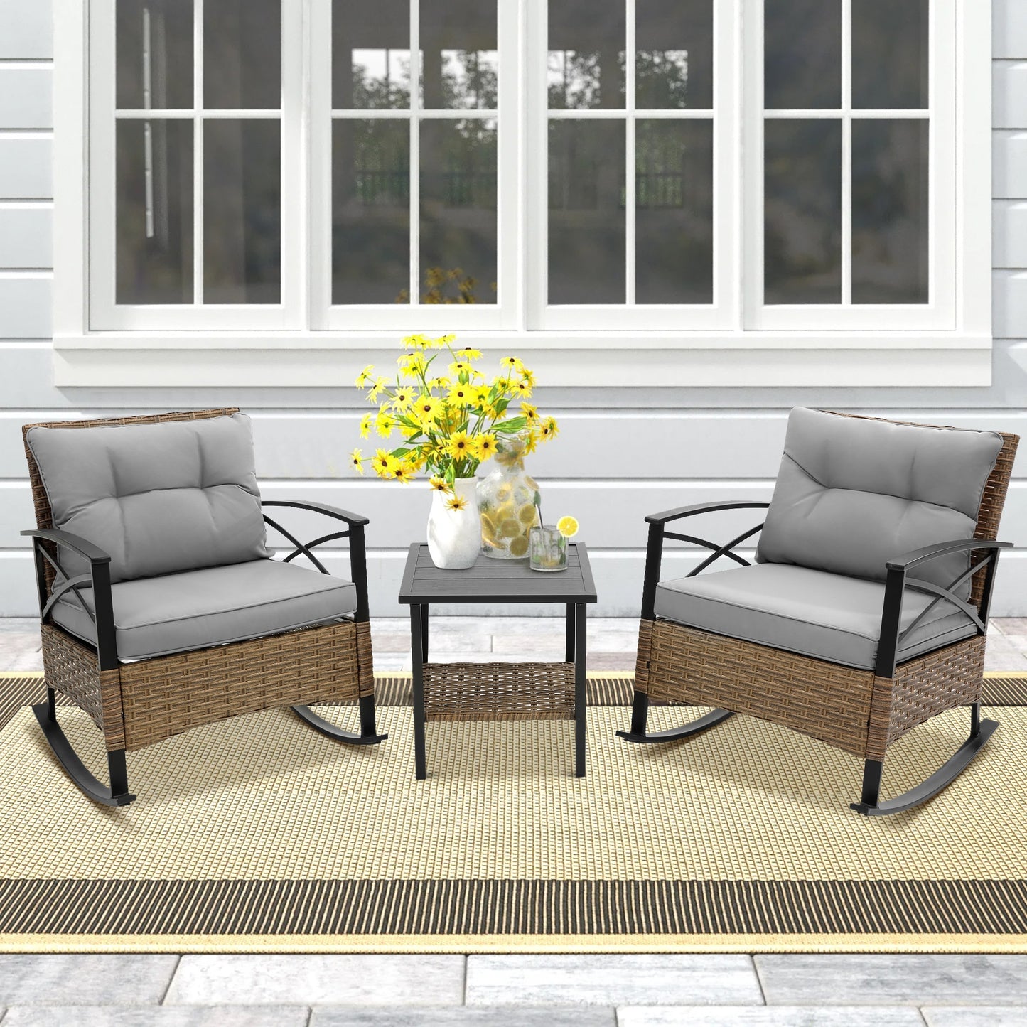 Forclover 3 -Piece Rattan Patio Conversation Set with Gray Cushions