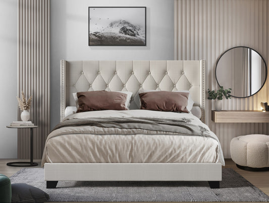 Home Design King Warm Gray Linen Wood Tufted Panel Bed with Headboard