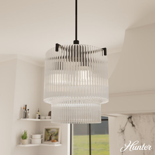 Hunter Ontario 3 -Light Matte Black Transitional Clear glass Cylinder Medium Hanging Pendant light 6632190