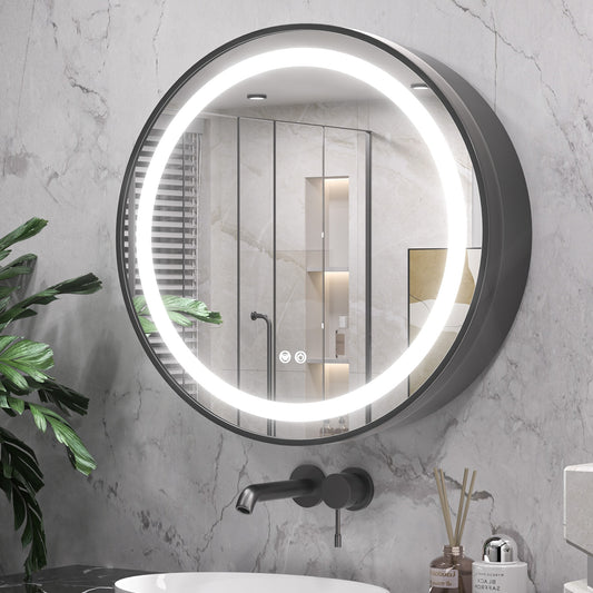 Keonjinn 28-in x 28-in Lighted LED Fog Free Surface Mount Silver Mirrored Round Soft Close Medicine Cabinet with Outlet