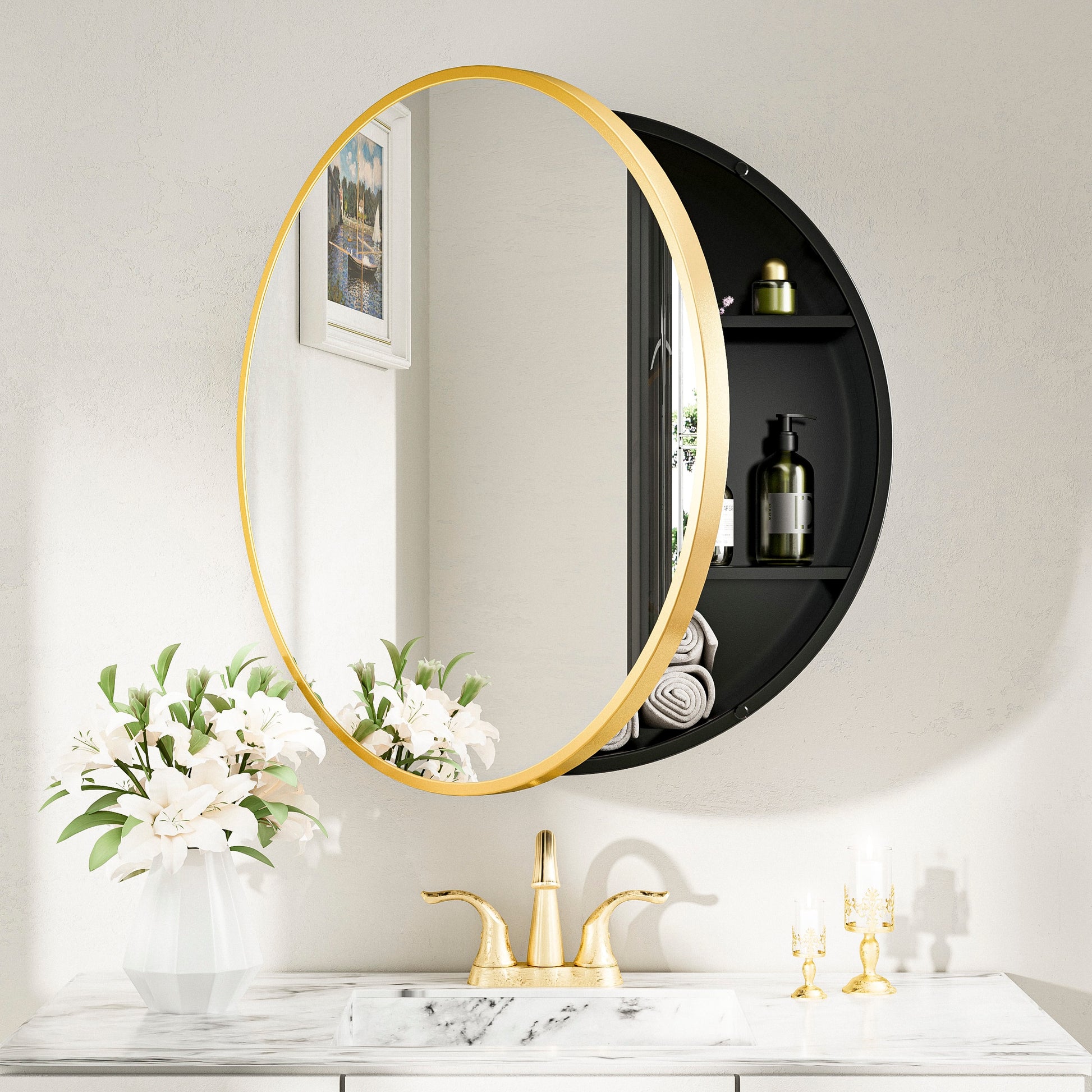 Keonjinn 30-in x 30-in Surface Mount Gold Mirrored Round Soft Close Medicine Cabinet