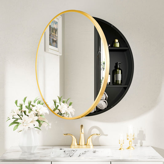 Keonjinn 30-in x 30-in Surface Mount Gold Mirrored Round Soft Close Medicine Cabinet