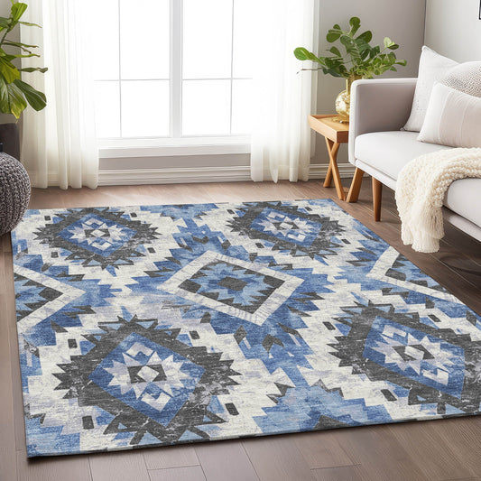 Addison Rugs Chantille ACN1878BU 9 x 12 (ft) Loomed Blue Rectangular Indoor/Outdoor Geometric Machine washable Pet Friendly Area rug