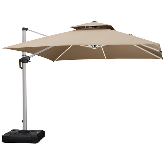 PURPLE LEAF 10-ft Aluminum Beige Crank Cantilever Patio Umbrella with Lights
