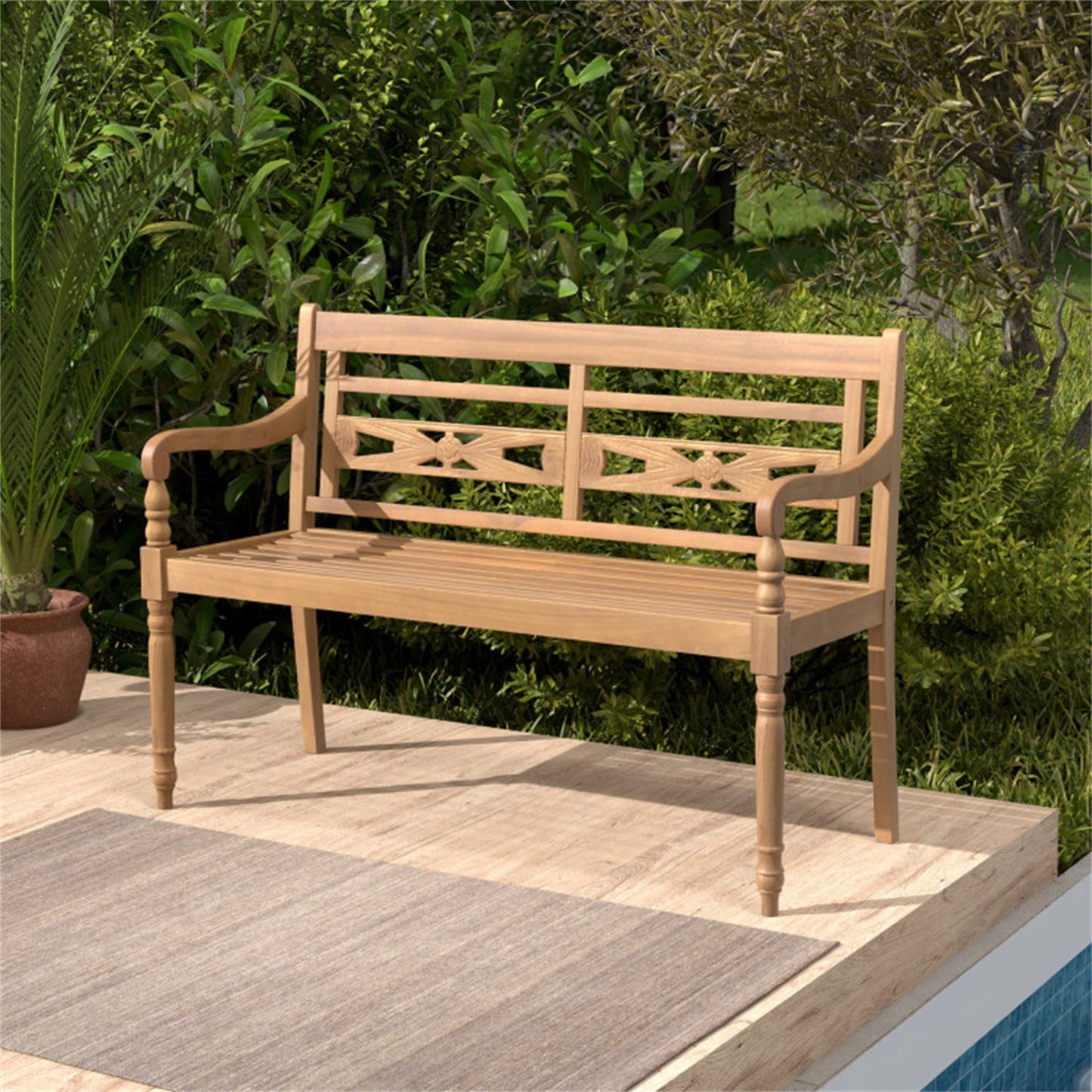 BABOOM Wood Patio Bench 47-in W x 32.5-in H Natural Teak Love seat Bench