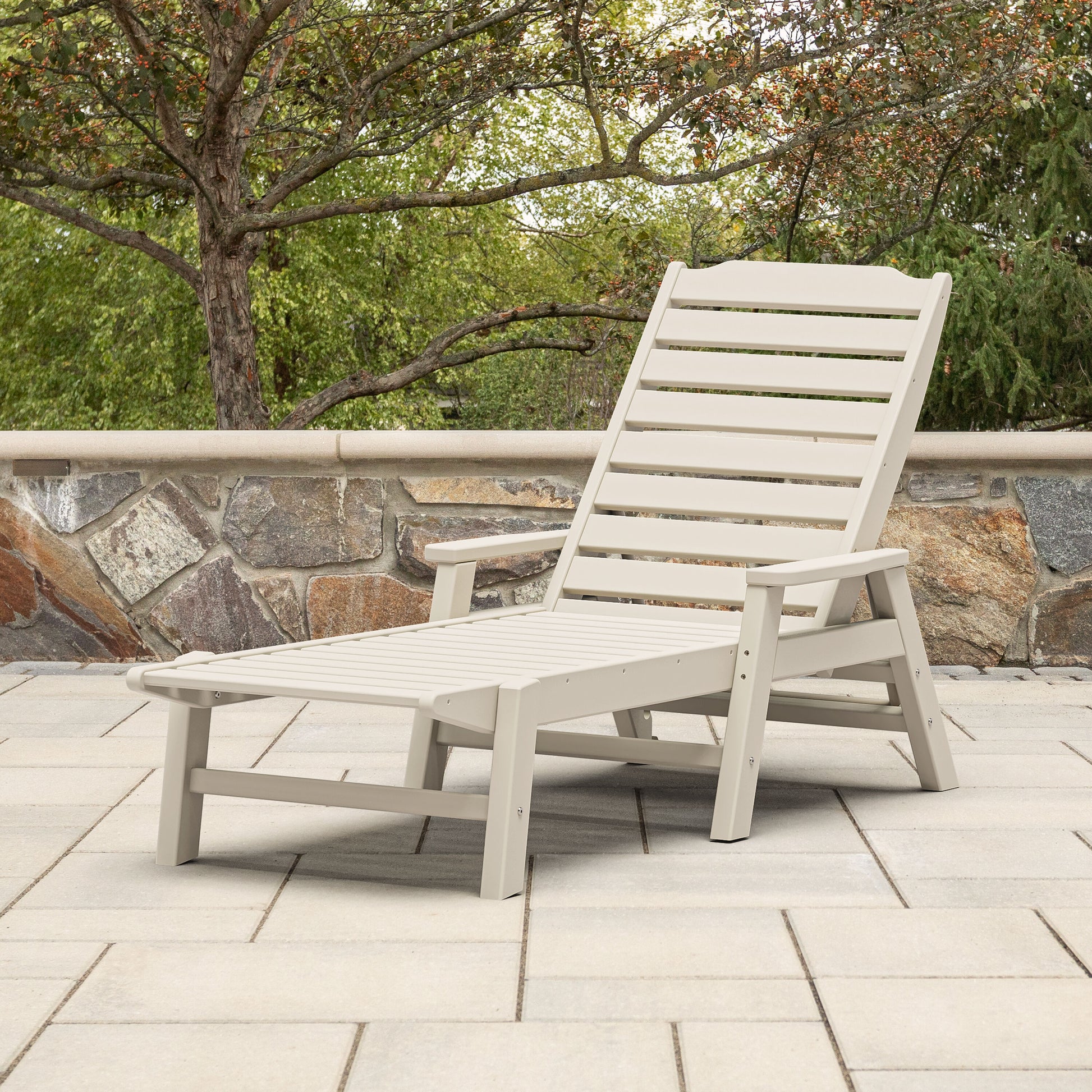 allen + roth by POLYWOOD Oakport Stackable Sand HDPE Frame Stationary Chaise Lounge Chair with Slat Seat