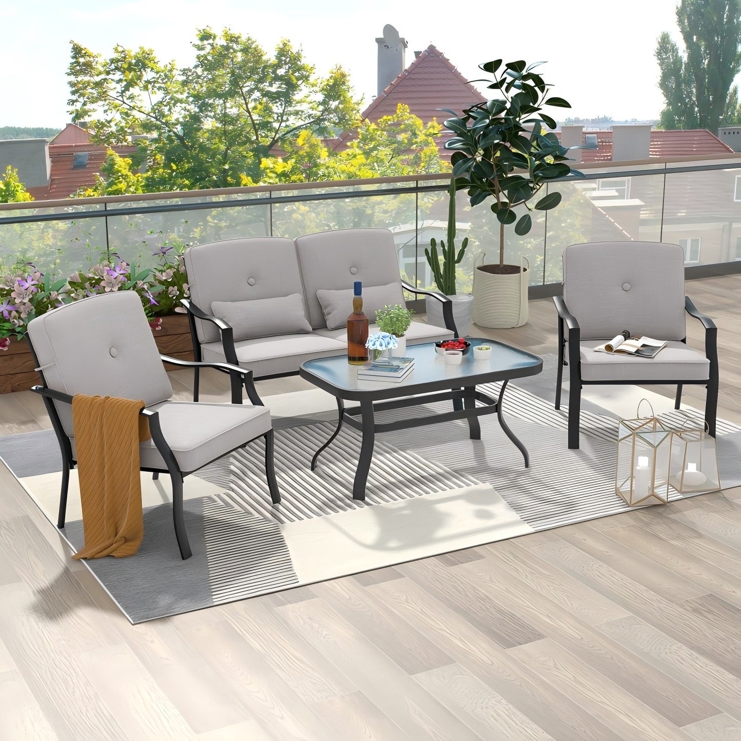 Forclover 4 -Piece Patio Conversation Set with Gray Cushions