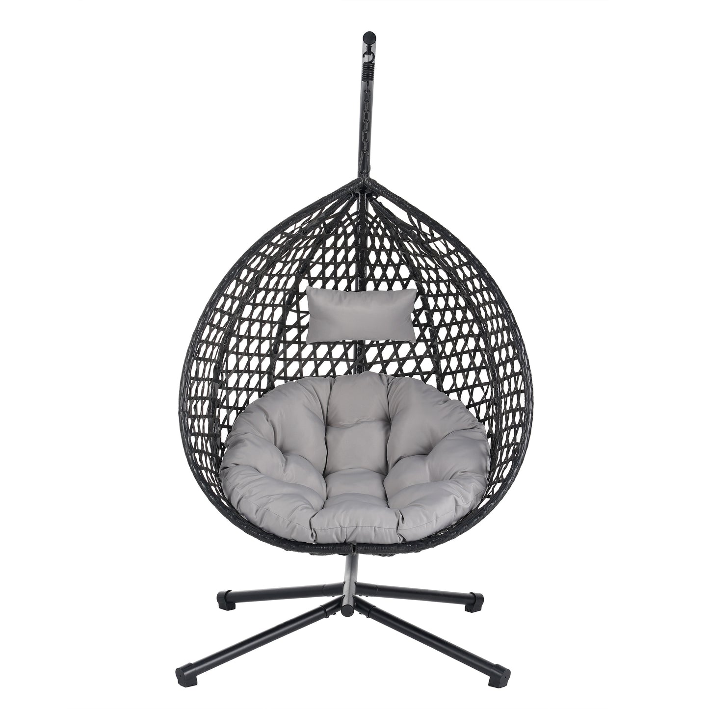 AHIOU HOME Hartford Wicker Black Metal Frame Hanging Egg Chair with Gray Cushioned Seat
