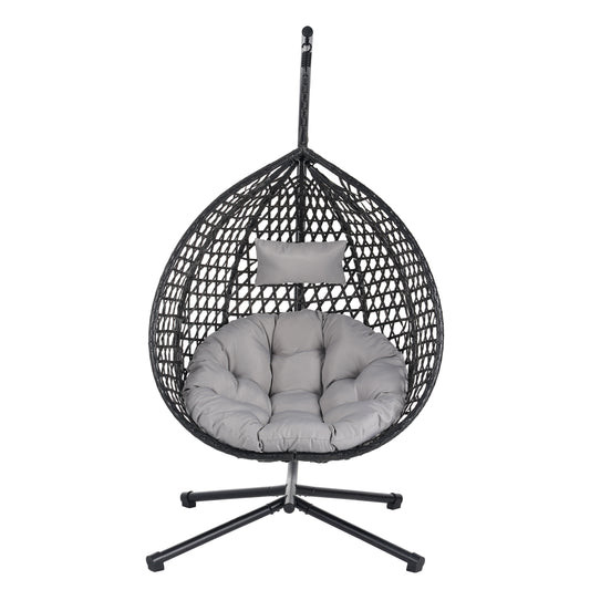 AHIOU HOME Hartford Wicker Black Metal Frame Hanging Egg Chair with Gray Cushioned Seat