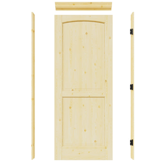 JUJUBON 30-in x 80-in Natural Quickly Assemble Jamb Solid core 2-panel round top Right hand Textured Unfinished Pine Wood Flat Jamb Single Prehung Interior Door
