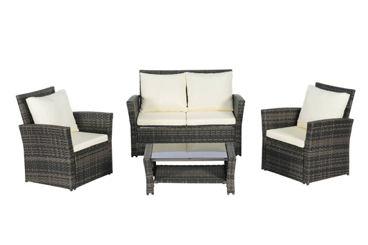 Mondawe 4 -Piece Rattan Patio Conversation Set with Off-white Cushions