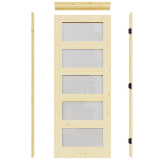 JUJUBON 30-in x 80-in Natural Quickly Assemble Jamb Solid core 5-panel square Frosted glass Right hand Textured Unfinished Pine Wood Flat Jamb Single Prehung Interior Door