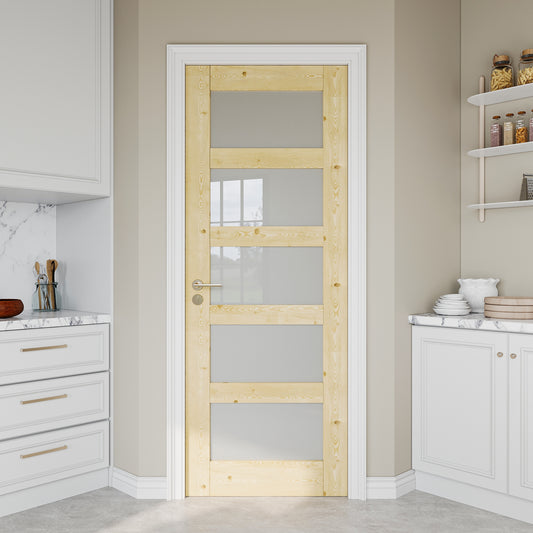 JUJUBON Traditional- 30-in x 80-in Brown 5-panel Frosted glass Textured Solid core Unfinished Pine Wood Slab Door