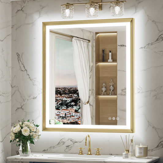 Keonjinn 30-in x 36-in Framed Rectangle Dimmable LED Lighted Fog Free Bathroom Vanity Mirror ( Brushed Gold )