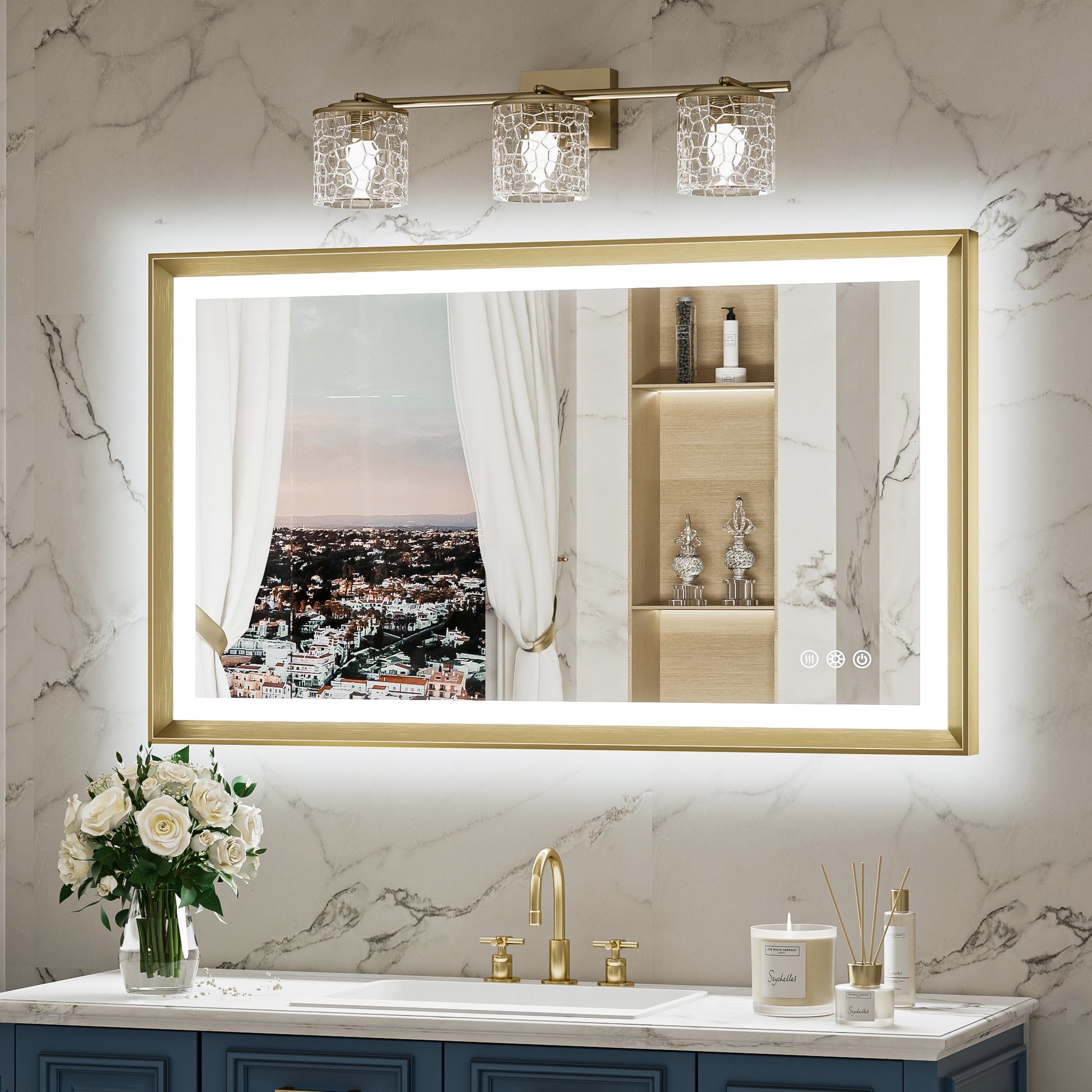 Keonjinn Backlit Bathroom LED Lighted Mirrors 40-in x 24-in Framed Rectangle Dimmable LED Lighted Fog Free Bathroom Vanity Mirror ( Brushed Gold )