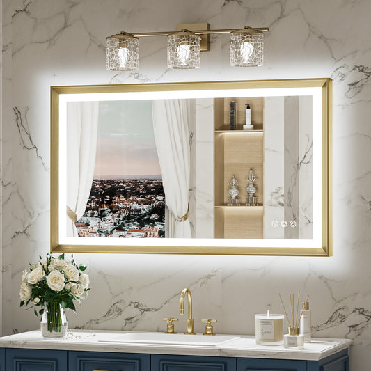 Keonjinn Backlit Bathroom LED Lighted Mirrors 40-in x 24-in Framed Rectangle Dimmable LED Lighted Fog Free Bathroom Vanity Mirror ( Brushed Gold )