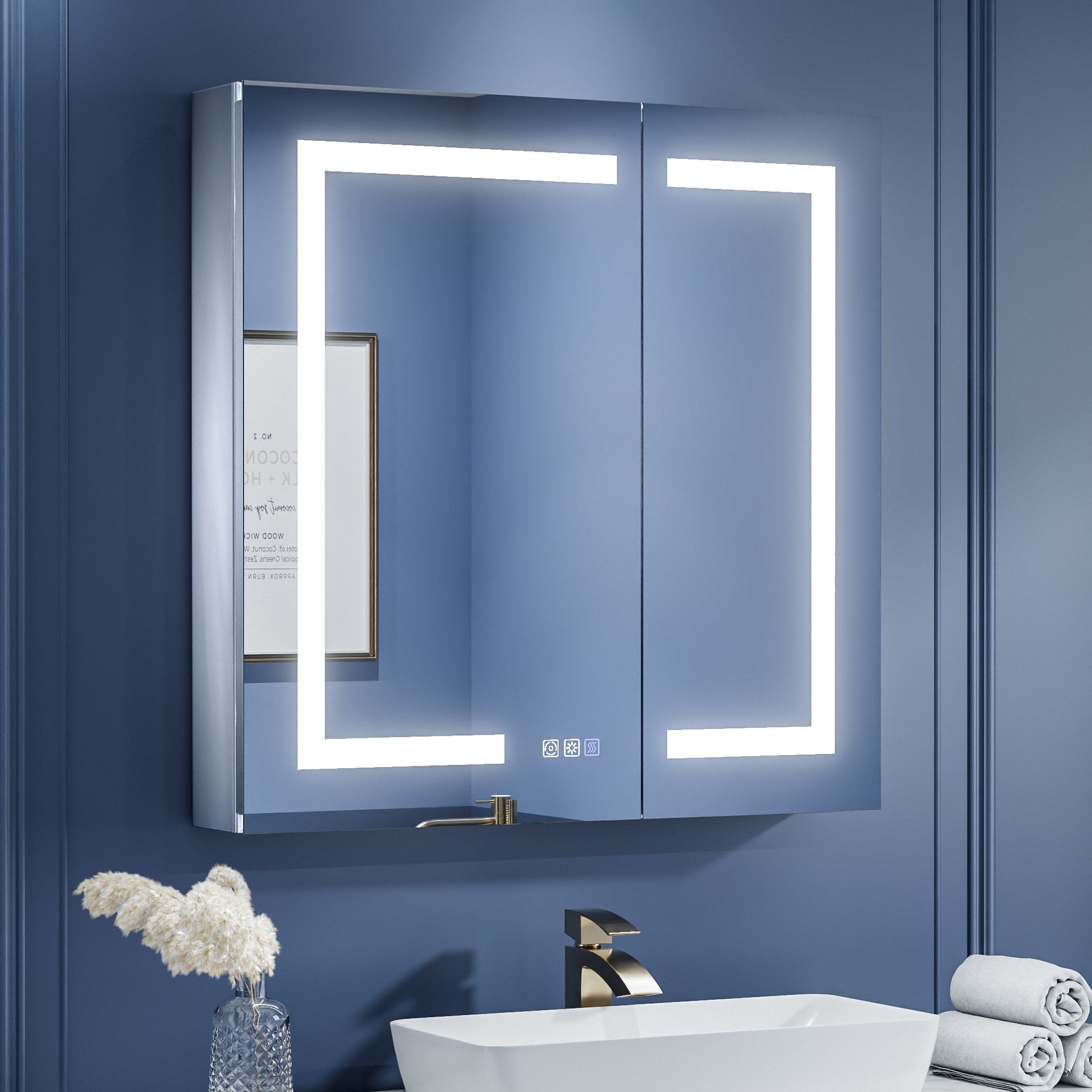 ExBrite Aether 30-in x 30-in Lighted LED Fog Free Surface/Recessed Mount Silver Mirrored Square Soft Close Medicine Cabinet with Outlet