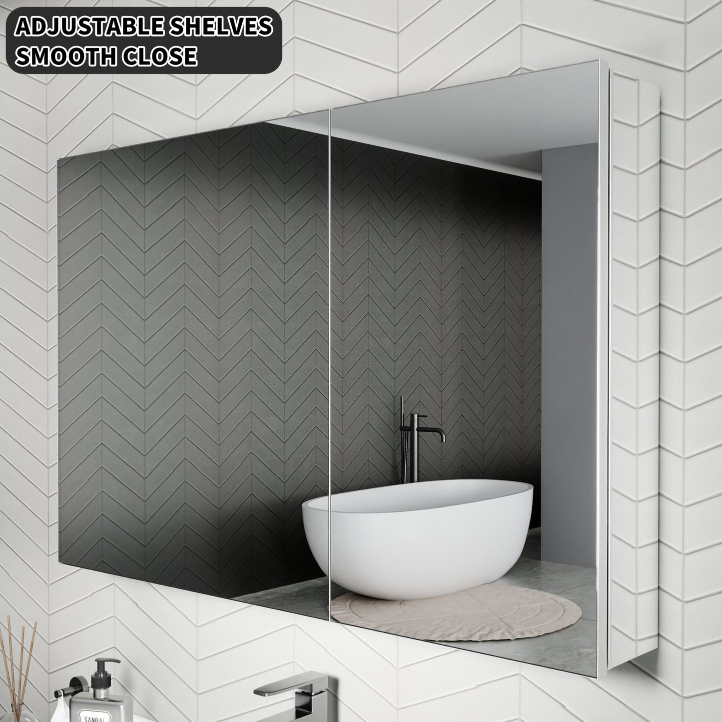 AAZJ V18 Medicine Cabinets 36-in x 24-in Surface/Recessed Mount Silver Mirrored Rectangle Soft Close Medicine Cabinet