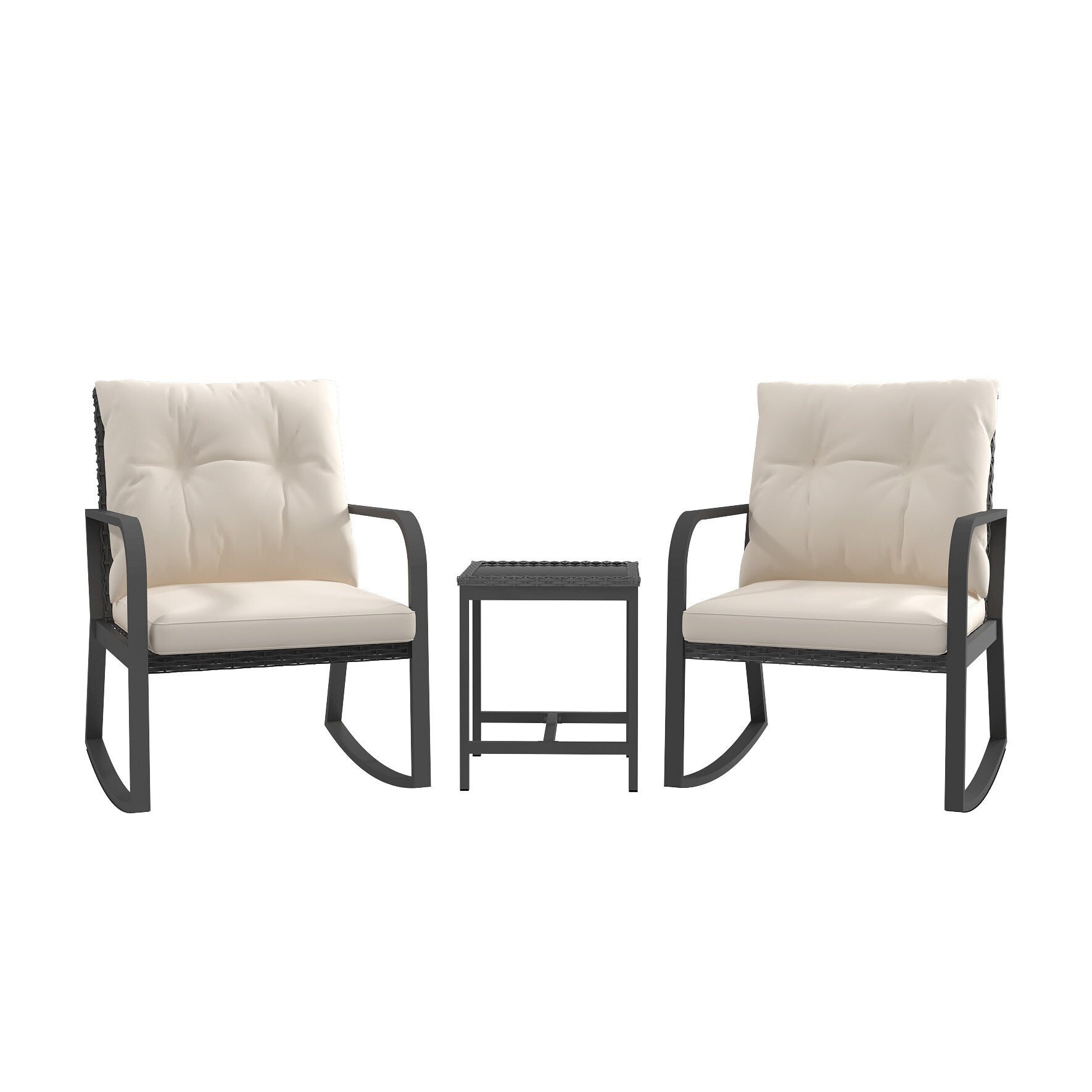 CESICIA Patio Chairs Set of 2 Beige Steel Frame Stationary Rocking Chair with Beige Cushioned Seat