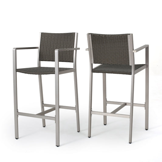 Best Selling Home Decor Crested Bay Set of 2 Wicker Grey Aluminum Frame Stationary Bar Stool Chair with Gray Solid Seat