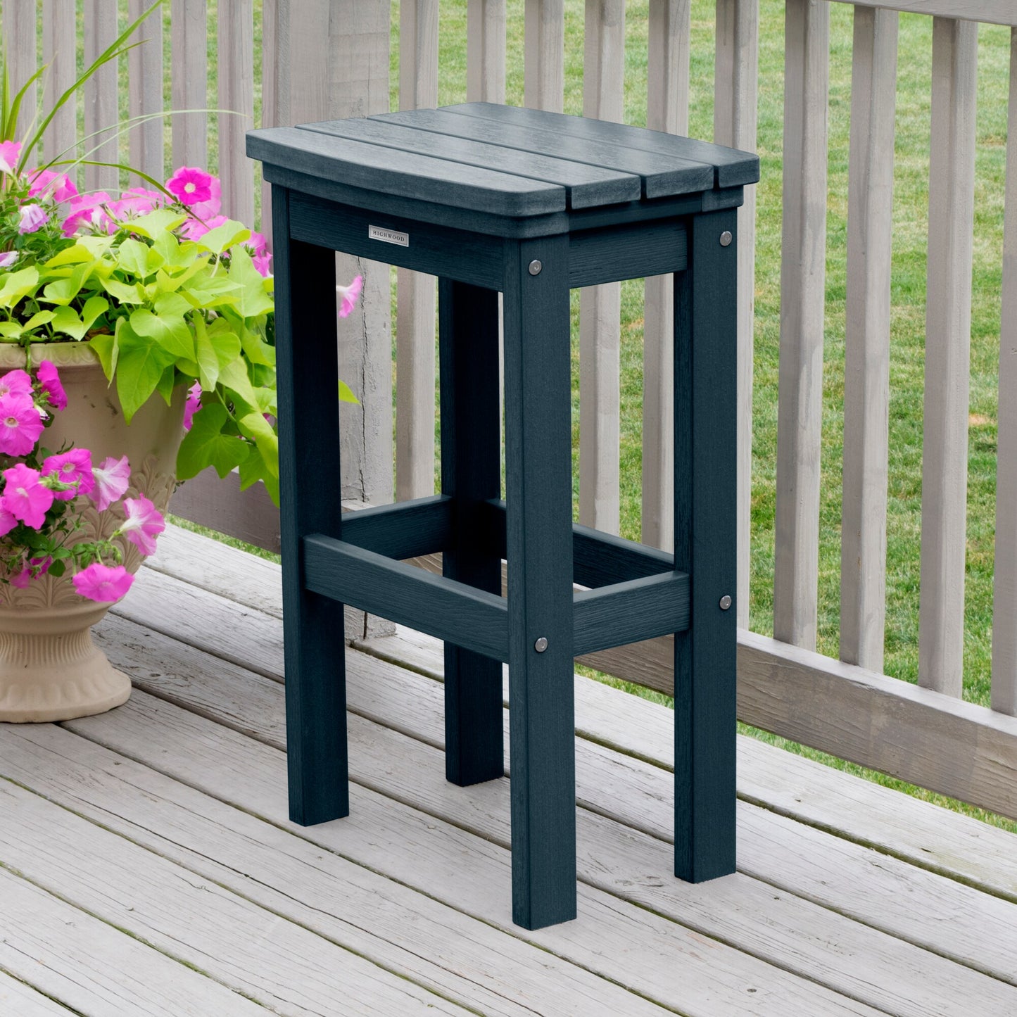 highwood The Lehigh Federal Blue Poly-lumber Frame Stationary Bar Stool Chair with Slat Seat