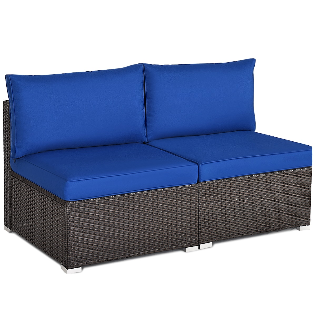 Ayelon Patio Rattan Armless Sofa Set 2 -Piece Wicker 2 Patio Sofa Conversation Set with Navy Cushions
