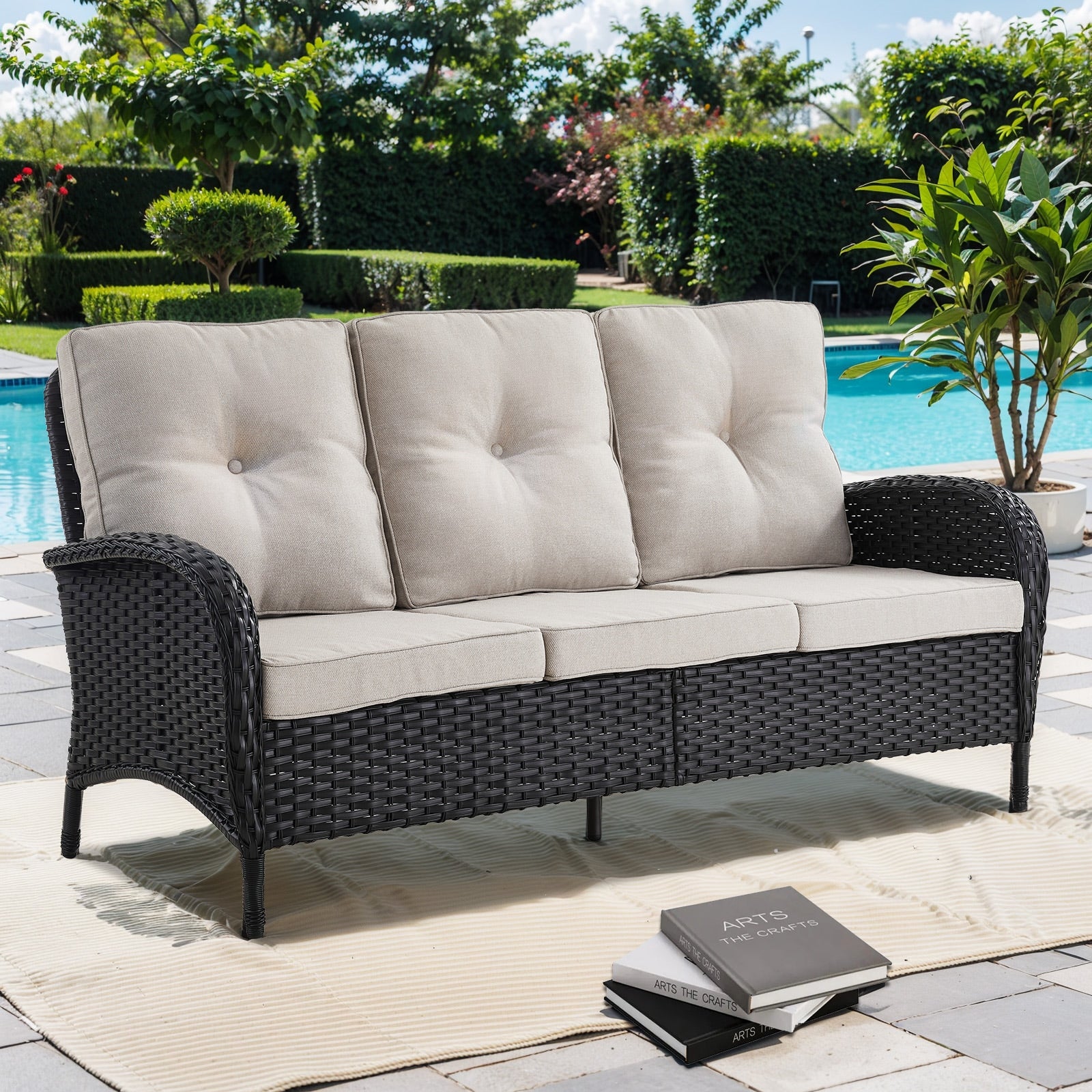 Jeehope PAnorama Series Wicker Outdoor Sofa with Beige Cushions and Steel Frame