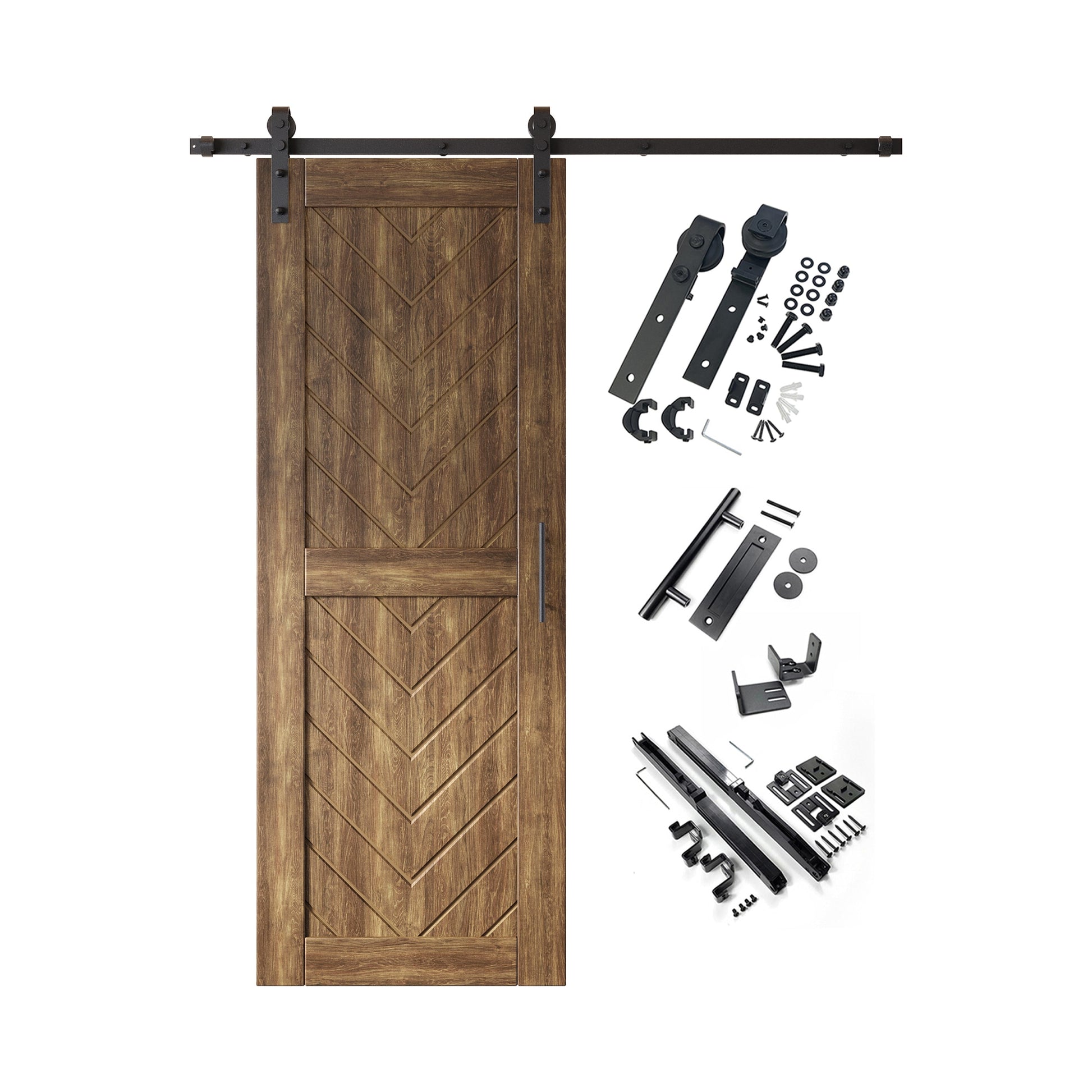 HOMACER 30-in x 80-in Dark Walnut Herringbone Pine Wood Solid core Single Barn Door (Hardware Included)