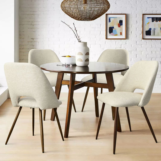 Maison Boucle Set of 4 Modern Beige Upholstered Dining Chairs with Curved Back and Walnut Metal Legs for Kitchen