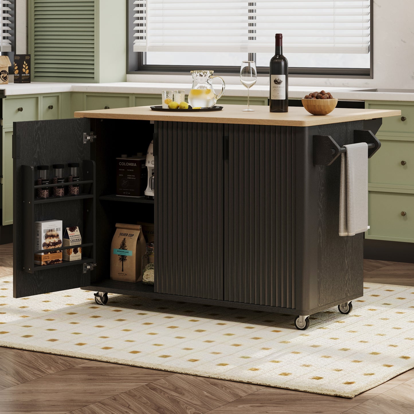 ModernLuxe Black MDF Base with Wood Wood Top Rolling Kitchen Island ( 29.5-in x 51.3-in x 36.4-in )