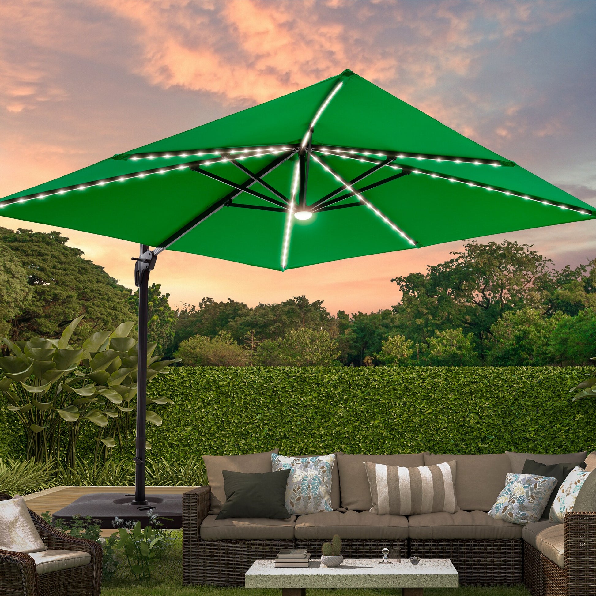 ACEGOSES 11-Feet Aluminum Green No-tilt Cantilever Patio Umbrella with Lights and with Base