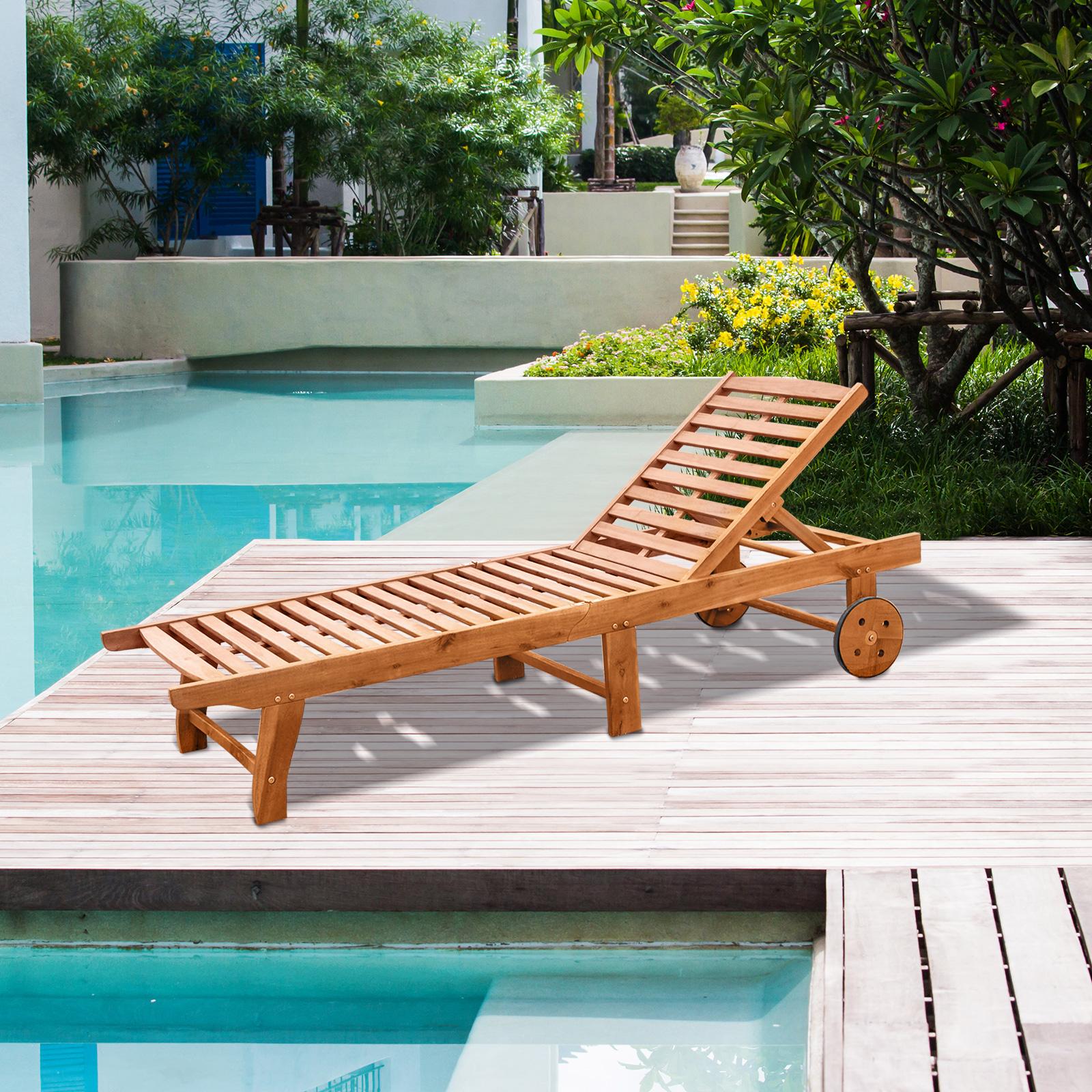 Bayfeve Outdoor Folding Chaise Lounge Chair with Wheels Teak Wood Frame Stationary Chaise Lounge Chair with Brown Slat Seat