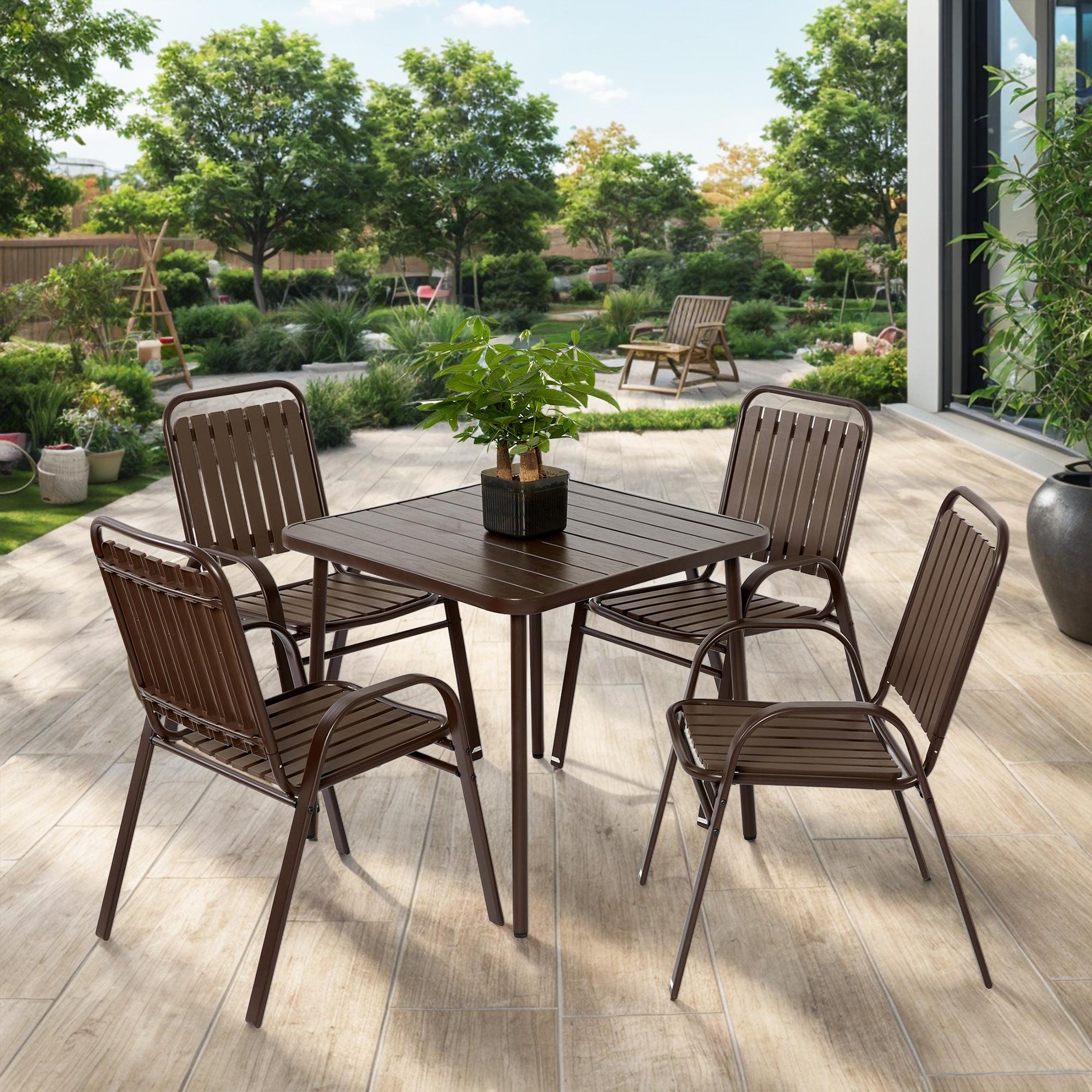Bayfeve 5 -Piece Brown Patio Dining Set Steel Square Table with 4 Stationary Chairs