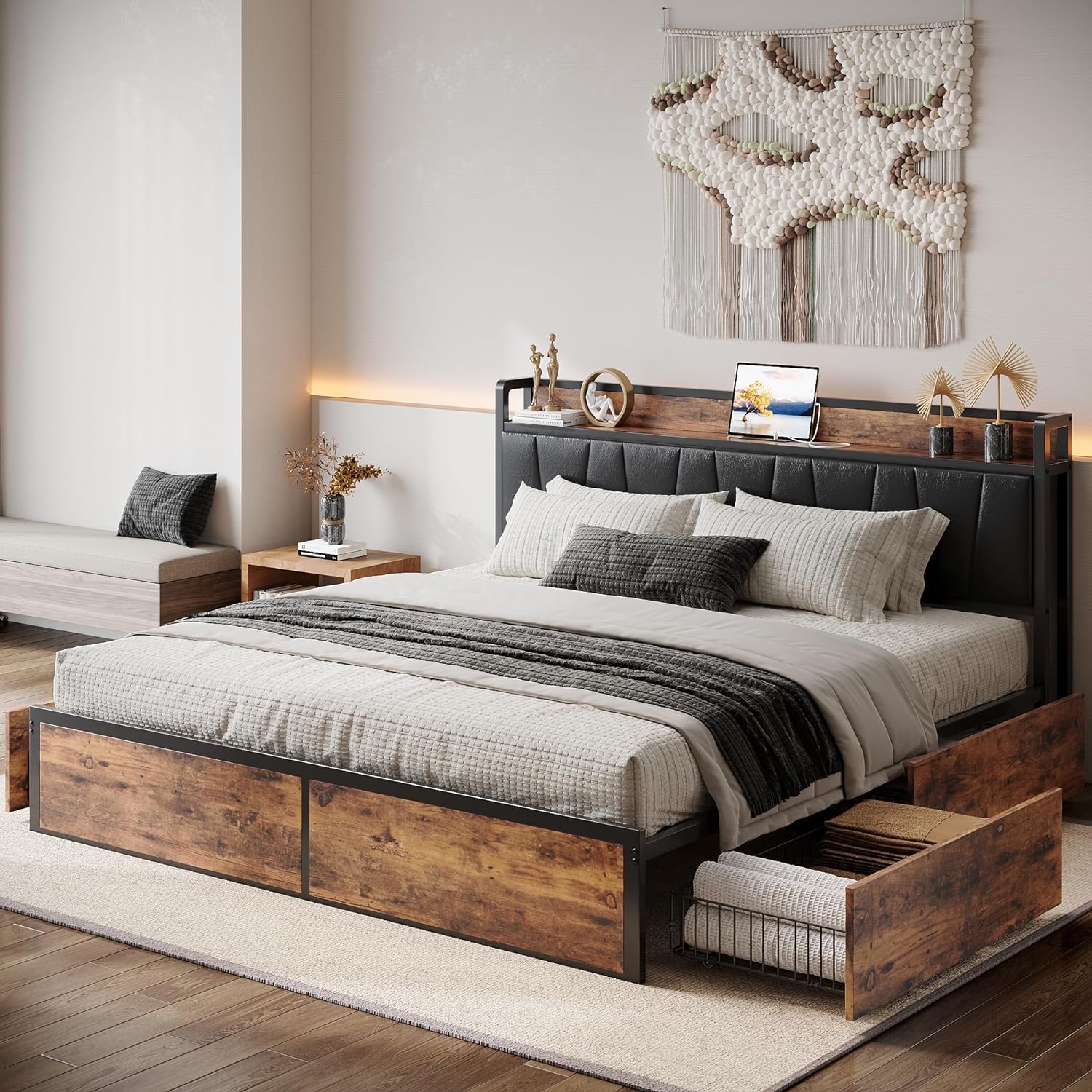 Likimio 77.8-in W Vintage Brown and Black King Bed Frame with 4 Storage Drawers and Charged Headboard