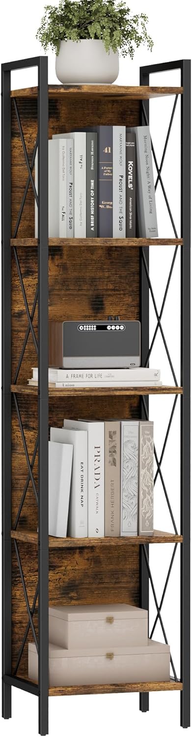 Homhedy 5 Tier Bookshelf Bookcase, Tall Narrow Bookshelf for Small Space, Metal Storage Shelves with Back Panel, for Home Office, Living Room, Kitchen, Bedroom, Industrial Style, Rustic Brown