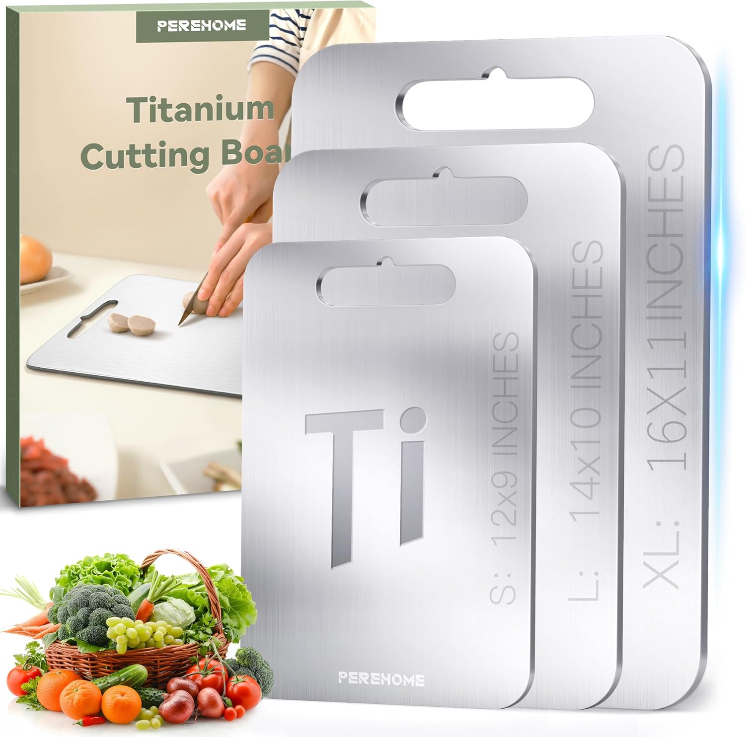 PEREHOME 3pcs Titanium Cutting Board for Kitchen, Cutting Board Double Sided Food Grade, Chopping Boards with Handle, Dishwasher Safe, Cutting Boards For Meats, Fruits, Vegetables