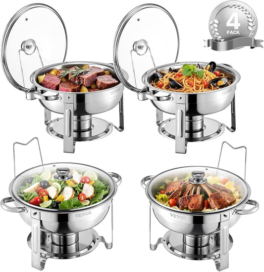 VEVOR Chafing Dish Buffet Set, 5 Qt 4 Pack, Stainless Steel Chafer with 4 Full Size Pan, Round Catering Warmer Server with Glass Lid Water Pan Folding Stand Fuel Holder, for Wedding Party Banquet
