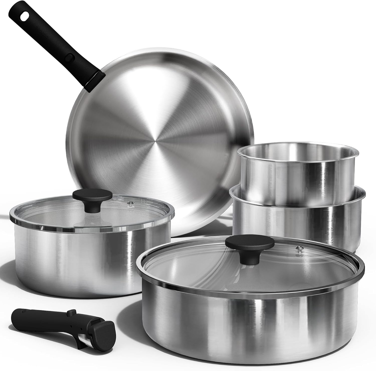 CAROTE Pots and Pans Set, Stainless Steel Cookware Set Detachable Handle, 9pcs Induction Kitchen Cookware Sets with Removable Handle, RV Cookware Set, Oven Safe