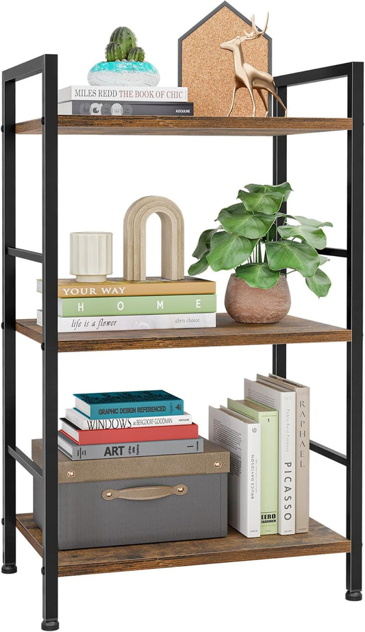 Kitsure 3-Tier Book Shelf - Wood & Metal Bookshelf with Handle & Adjustable Feet, Lightweight Bookcase for Living Room, Bedroom, Kitchen, Office or Dorm (16.5"×11.0"×28.1")