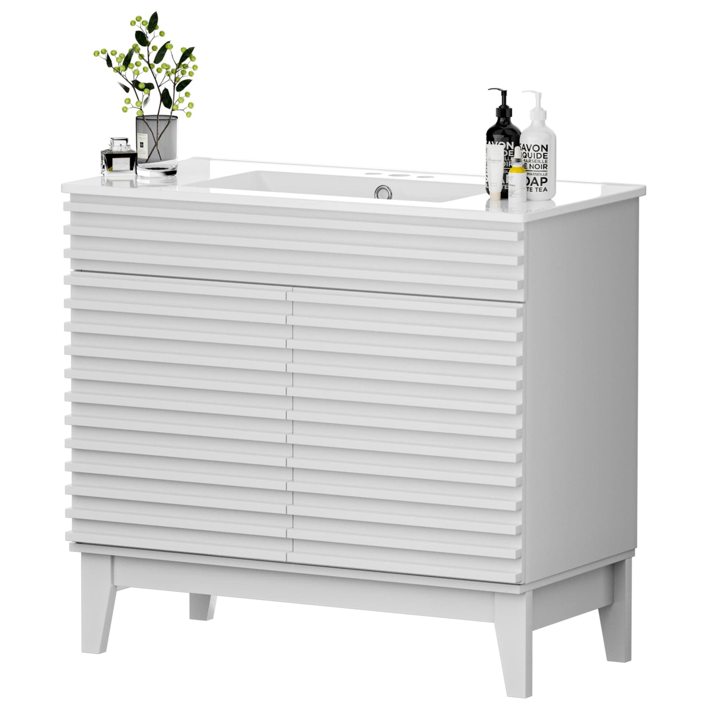 LOVMOR  36-in W White Freestanding Bathroom Vanity with Undermount Ceramic Sink and 2-Level Storage
