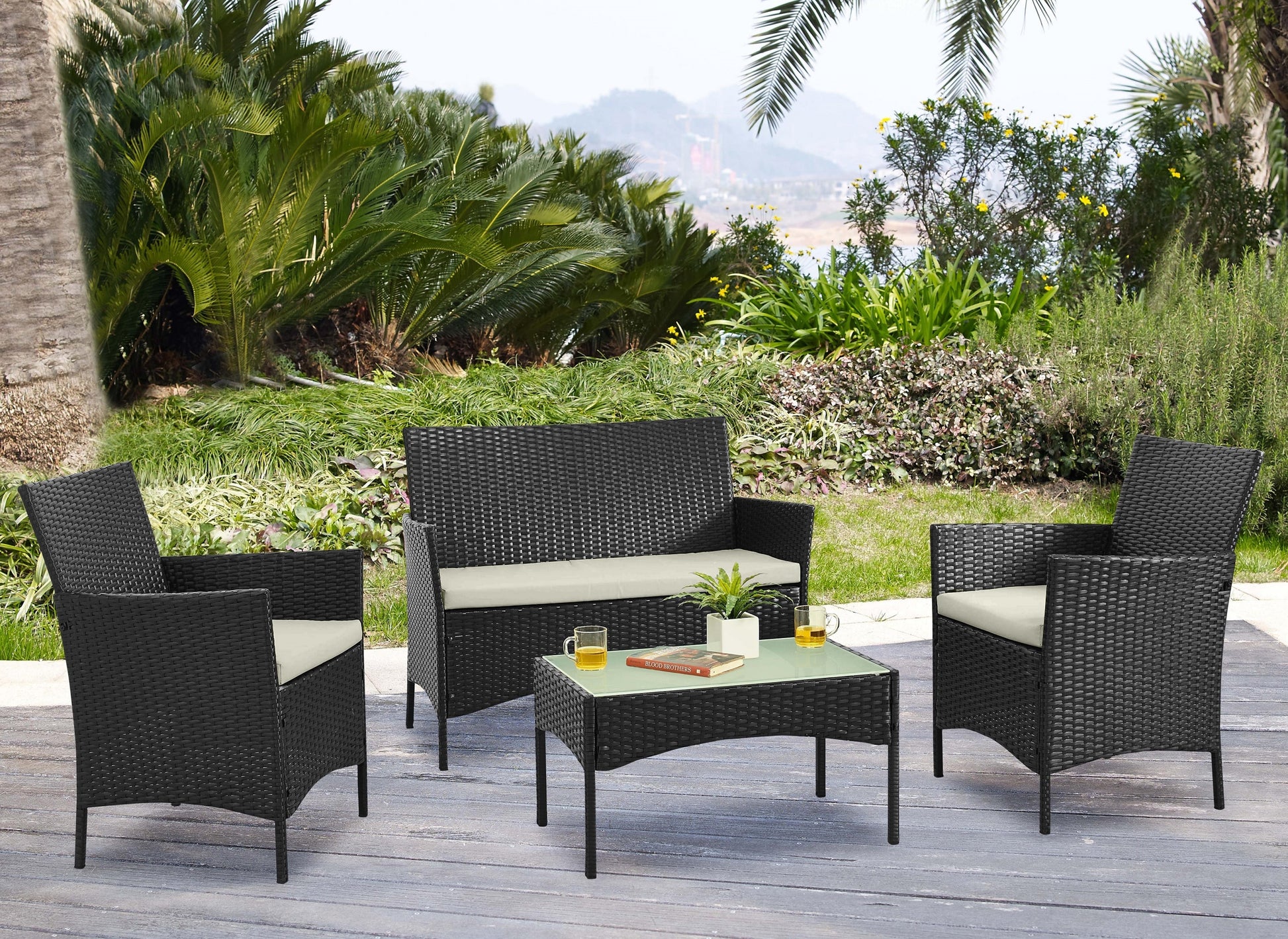Manhattan Comfort Benson 4 -Piece Rattan Patio Conversation Set with Off-white Cushions
