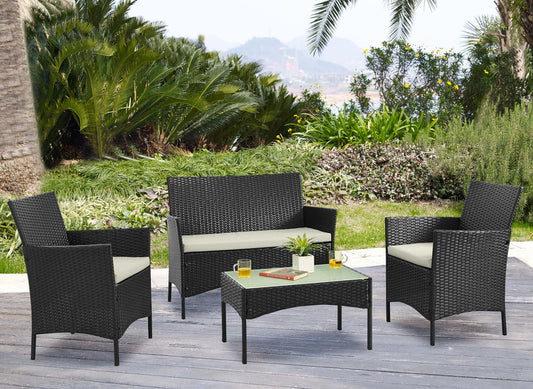 Manhattan Comfort Benson 4 -Piece Rattan Patio Conversation Set with Off-white Cushions