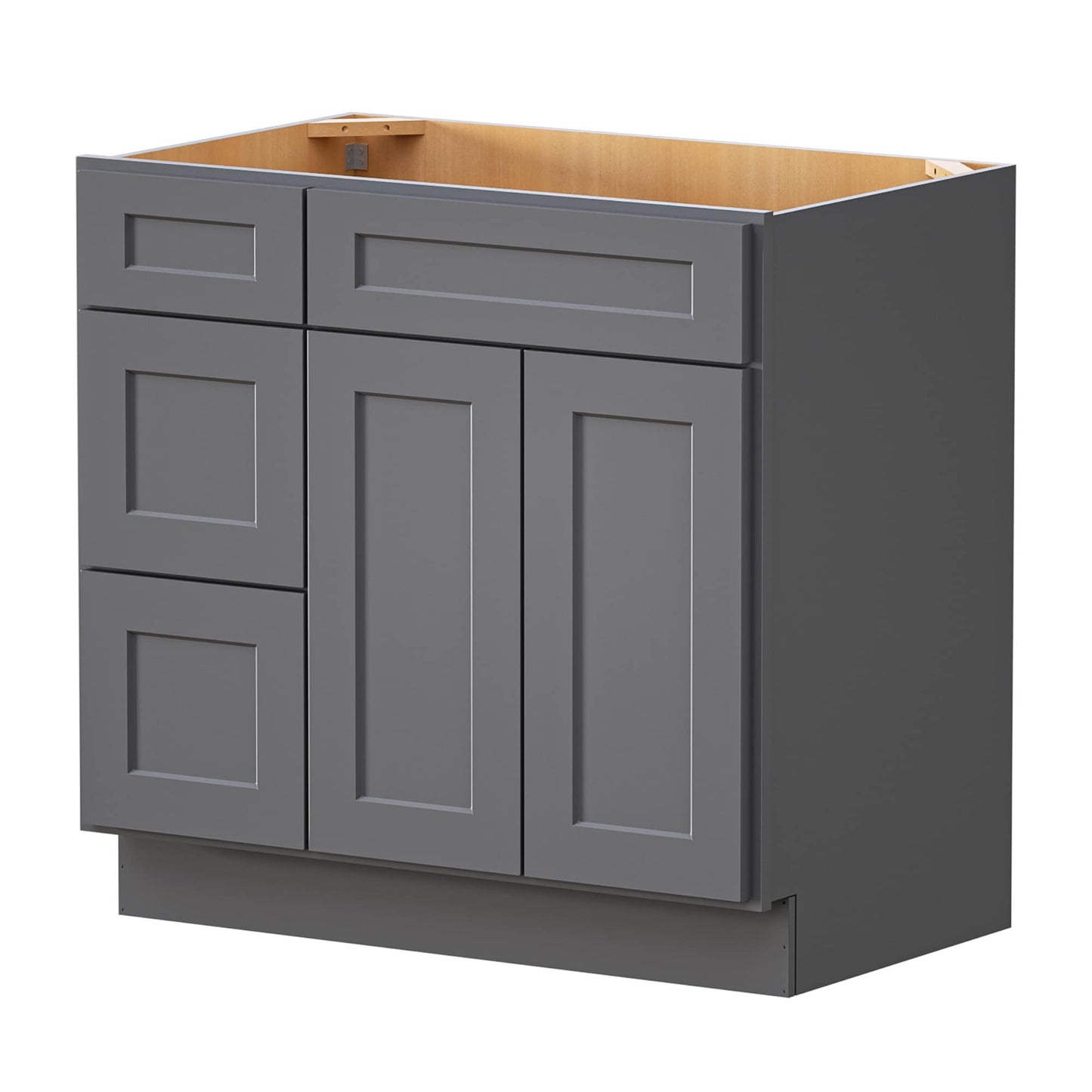 LOVMOR 36 in. W x 21 in. D x 34.5 in. H Plywood Bathroom Vanity Base Cabinet without Top with 3 Left Drawers in Shaker Grey
