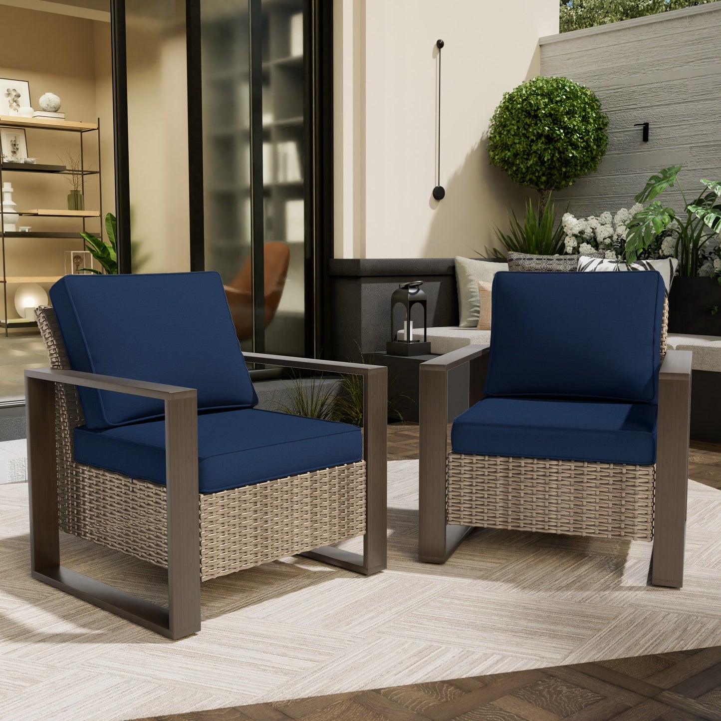 Gardenbee Set of 2 Wicker Brown Steel Frame Stationary Conversation Chair with Blue Cushioned Seat